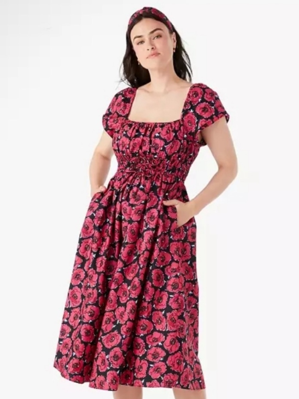 Kate Spade Poppy Toss Square-neck Midi Dress